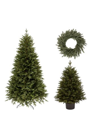 Prirodzene zelená vianočná kolekcia 3D Smrek Alpský pozostávajúca z vianočného stromčeka, malého vianočného stromčeka v kvetináči a vianočného venca
